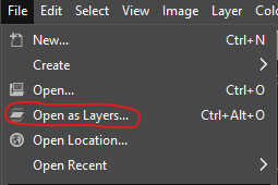 Gimp menu open as layers